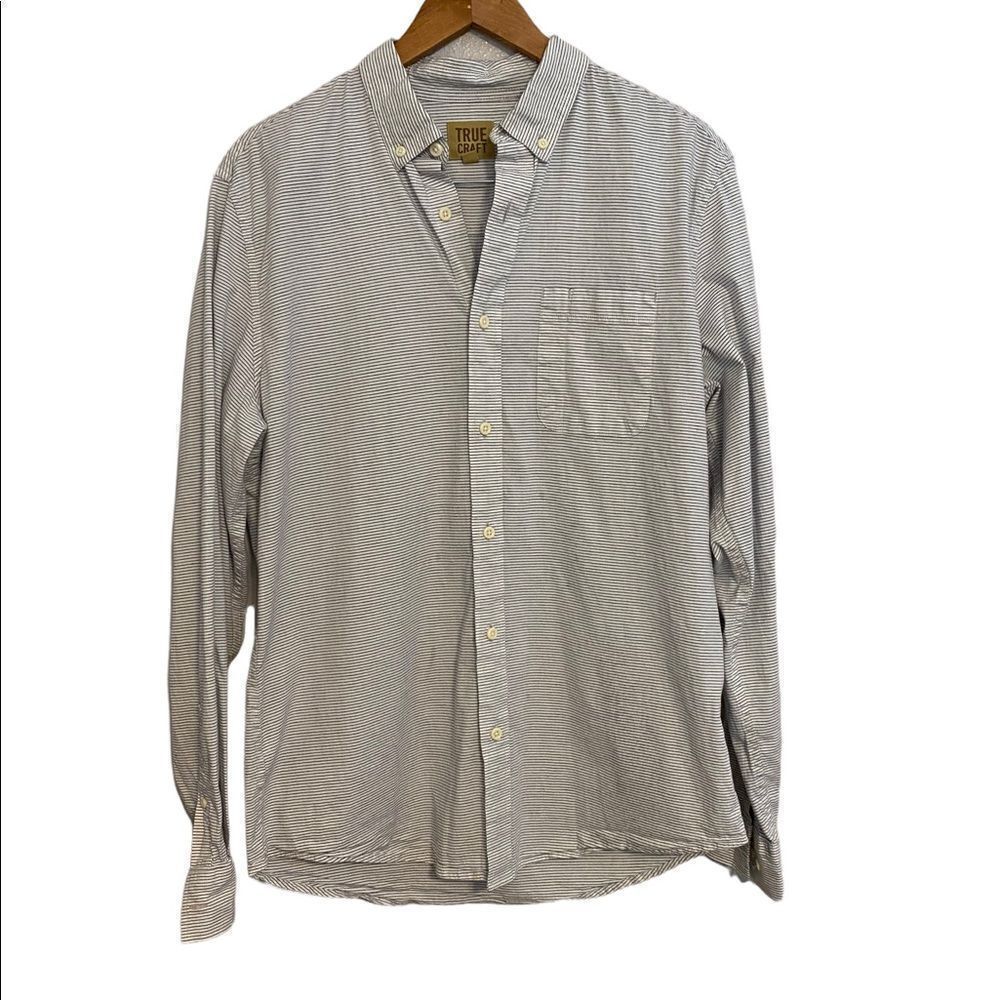 True Craft Long Sleeve Casual Button Down Shirt Mens Large White Gray Stripe A11